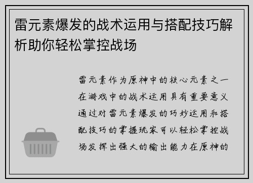 雷元素爆发的战术运用与搭配技巧解析助你轻松掌控战场